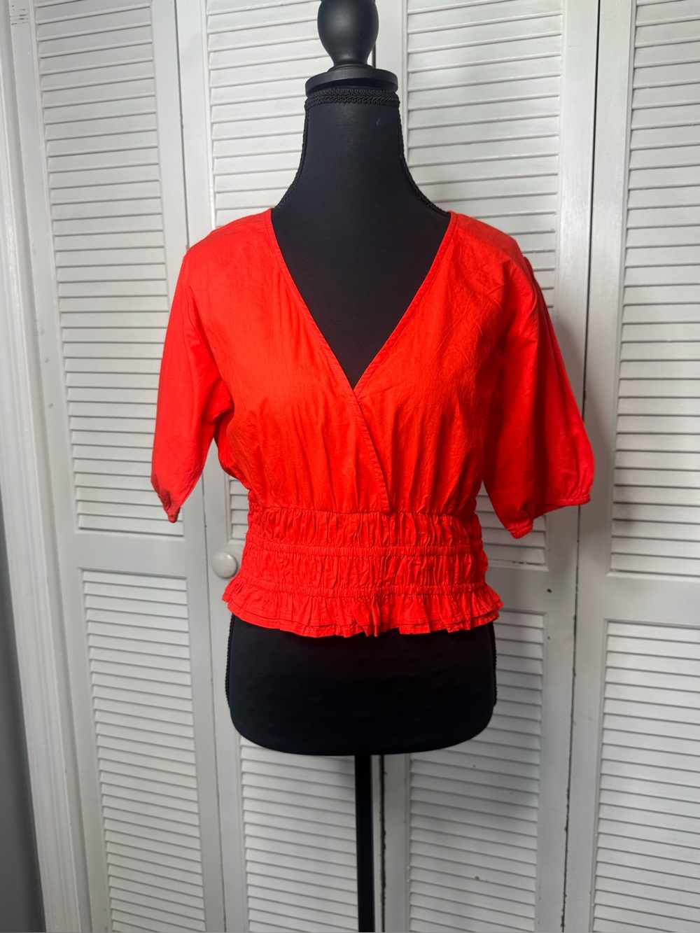 Red V-Neck Peplum Waist Short Sleeve Top Cotton Faux Wrap Boho Size Medium
